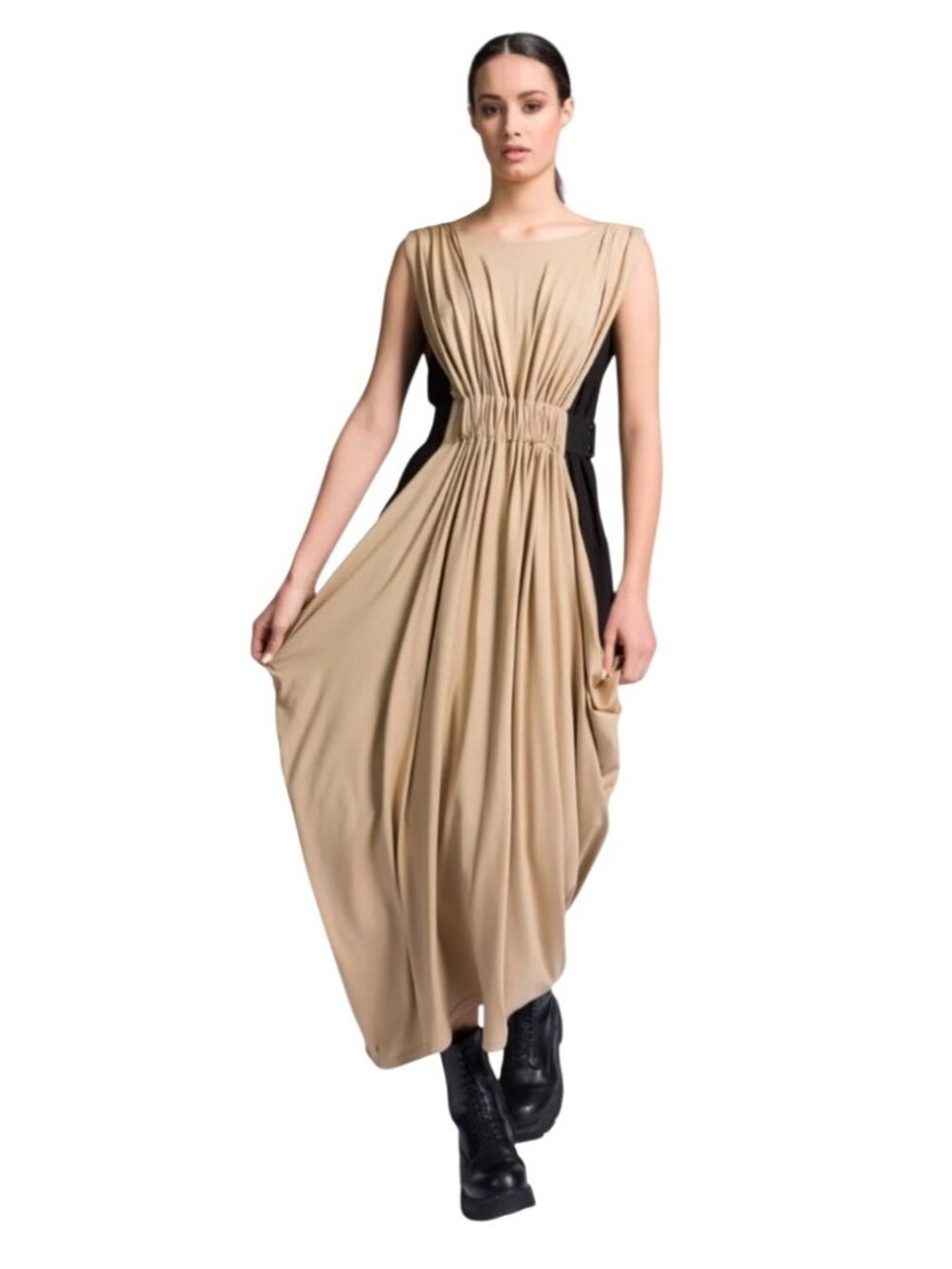 Aakasha Bicolour Midi Dress With Gathered Waist Womens 3XL Sleeveless Round Neck